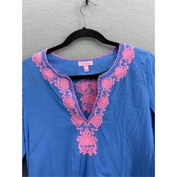 Lilly Pulitzer Womens Blue Split Neck Embroidered 3/4 Sleeve Cover-up Dress XS - Picture 2 of 9